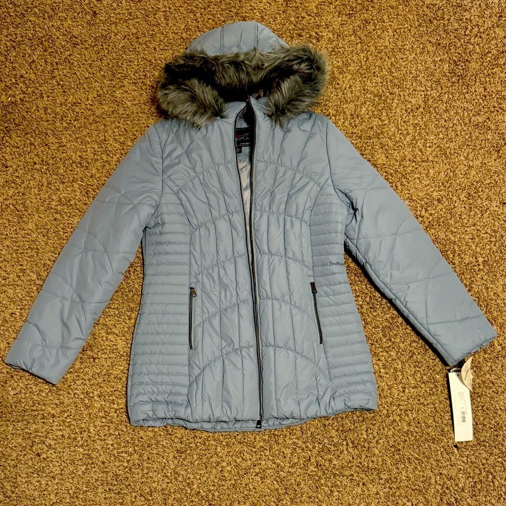 Blue Quilt Ruched Puffer Coat